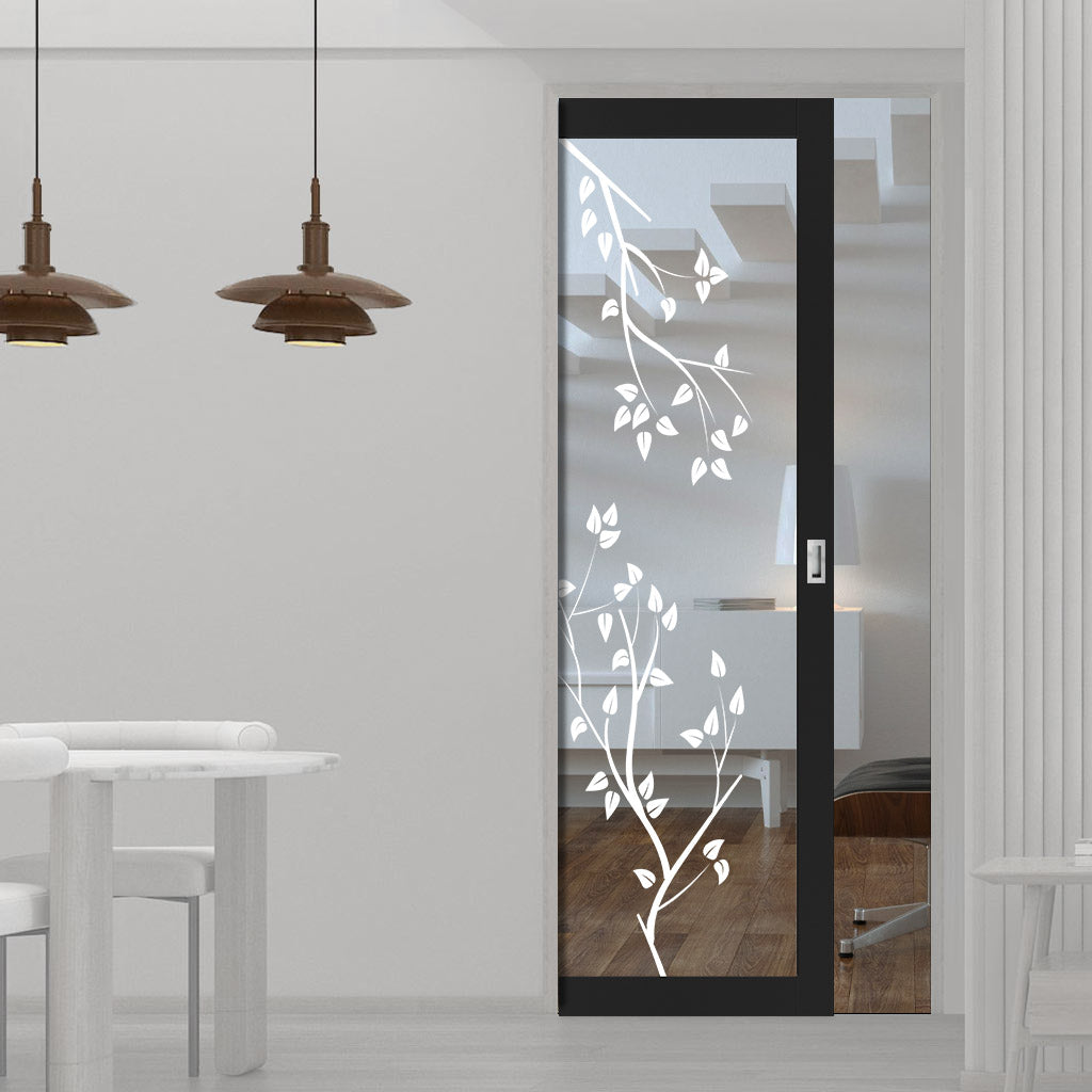 Eco-Urban Artisan® Single Evokit Pocket Door - Birch Tree 6mm Clear Glass - Obscure Printed Design - Colour & Size Options