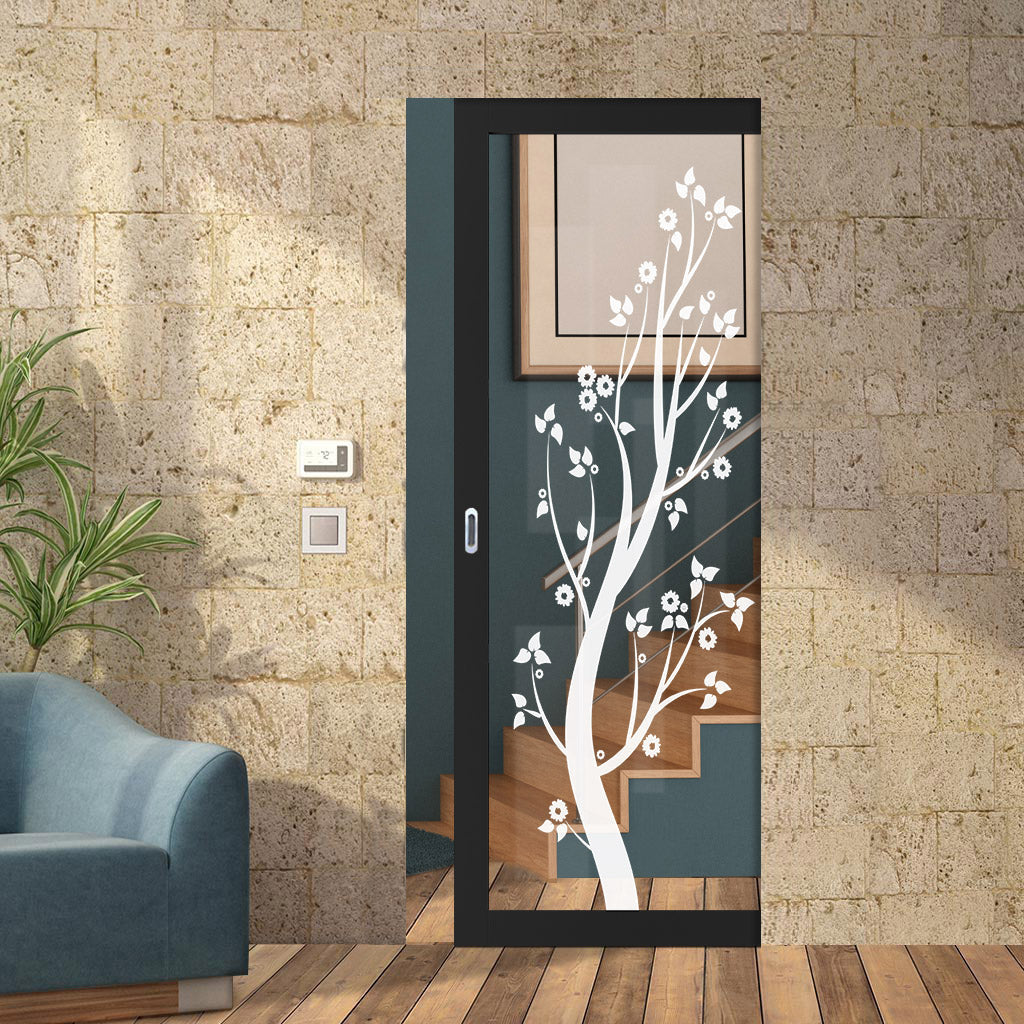 Eco-Urban Artisan® Single Absolute Evokit Pocket Door - Blooming Tree 6mm Clear Glass - Obscure Printed Design - Colour & Size Options