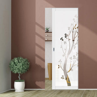 Image: Eco-Urban Artisan® Single Absolute Evokit Pocket Door - Blooming Tree 6mm Obscure Glass - Clear Printed Design - Colour & Size Options