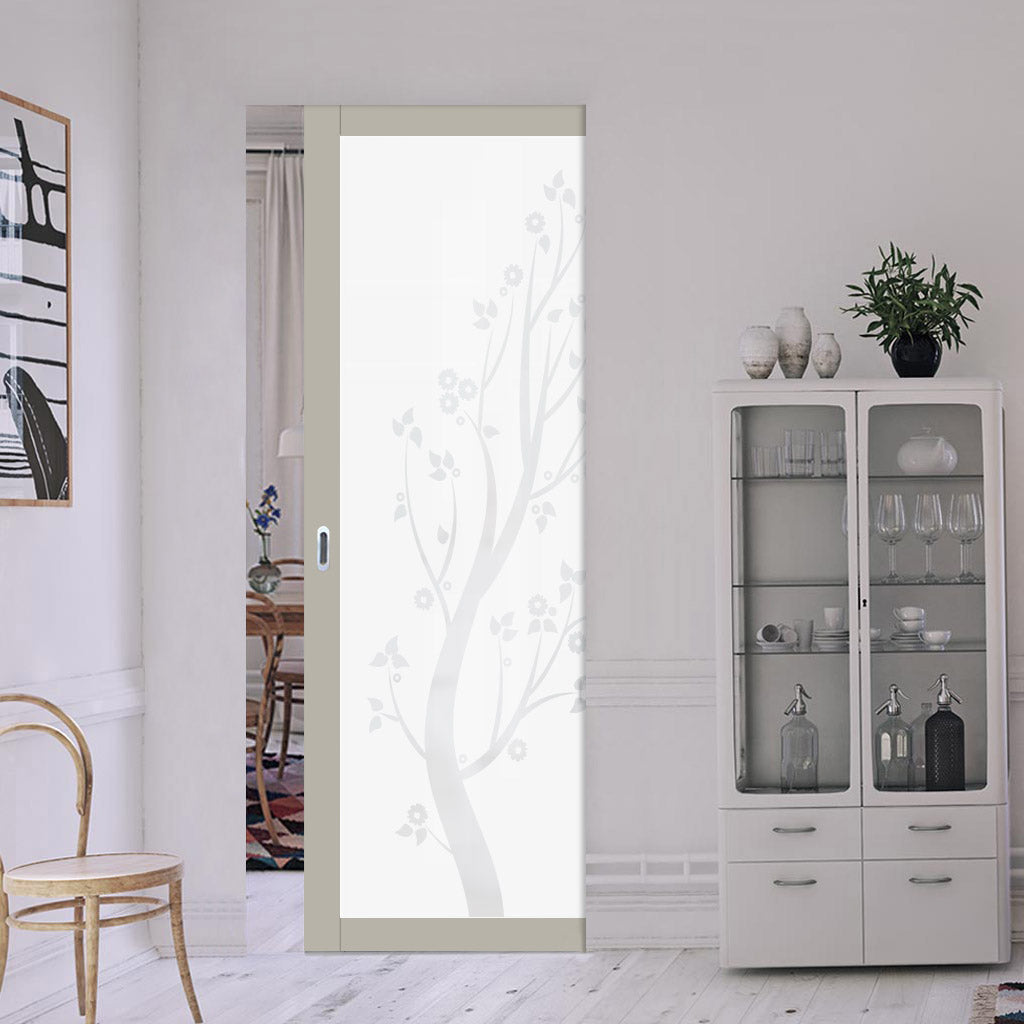 Eco-Urban Artisan® Single Absolute Evokit Pocket Door - Blooming Tree 6mm Obscure Glass - Obscure Printed Design - Colour & Size Options
