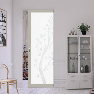 Image: Eco-Urban Artisan® Single Absolute Evokit Pocket Door - Blooming Tree 6mm Obscure Glass - Obscure Printed Design - Colour & Size Options