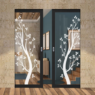 Image: Eco-Urban Artisan® Double Absolute Evokit Pocket Door - Blooming Tree 6mm Clear Glass - Obscure Printed Design - Colour & Size Options