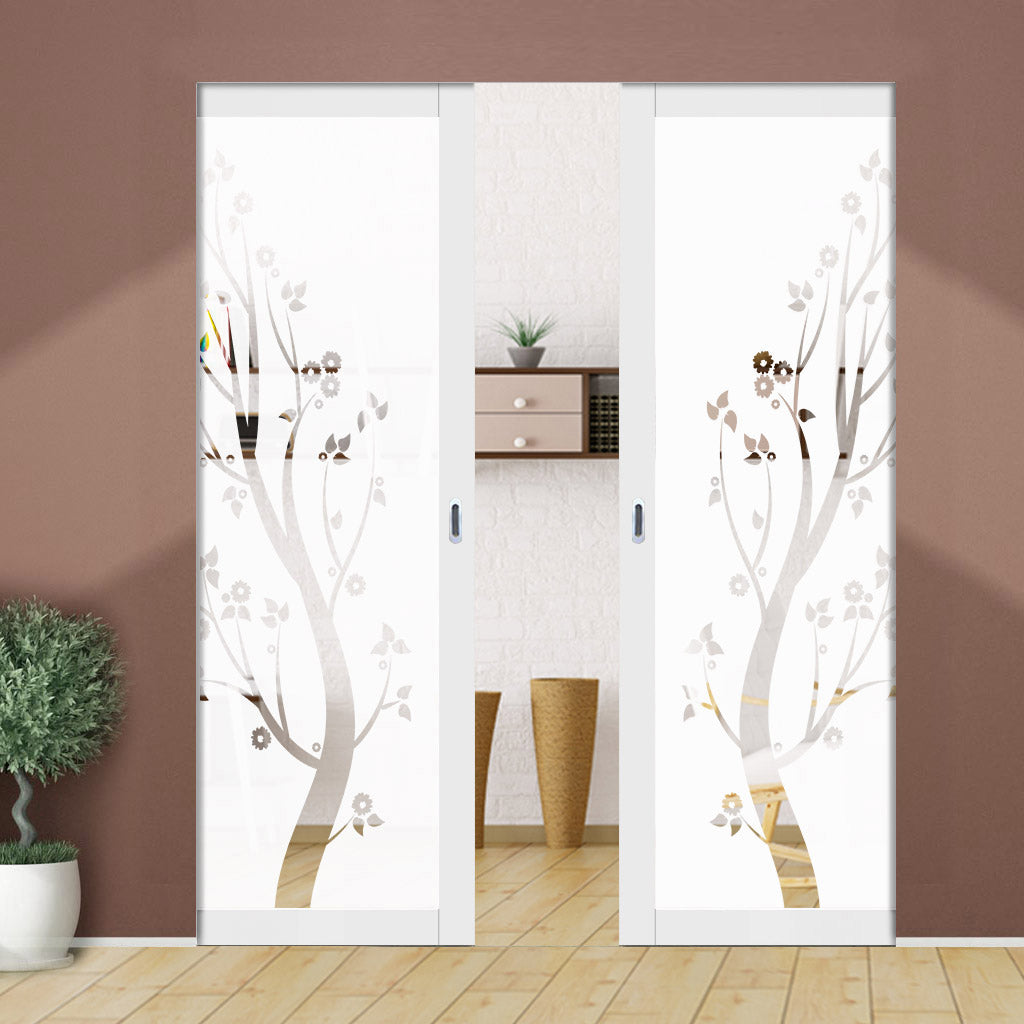 Eco-Urban Artisan® Double Absolute Evokit Pocket Door - Blooming Tree 6mm Obscure Glass - Clear Printed Design - Colour & Size Options