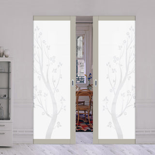 Image: Eco-Urban Artisan® Double Absolute Evokit Pocket Door - Blooming Tree 6mm Obscure Glass - Obscure Printed Design - Colour & Size Options