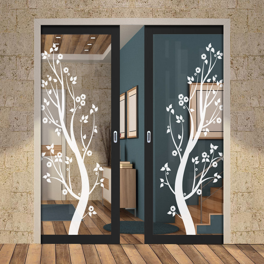 Eco-Urban Artisan® Double Evokit Pocket Door - Blooming Tree 6mm Clear Glass - Obscure Printed Design - Colour & Size Options