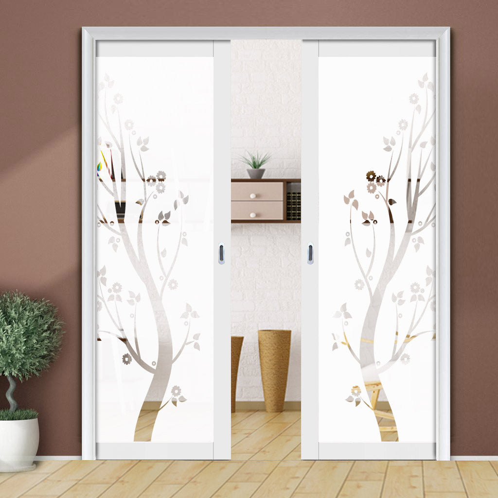 Eco-Urban Artisan® Double Evokit Pocket Door - Blooming Tree 6mm Obscure Glass - Clear Printed Design - Colour & Size Options