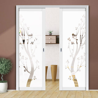Image: Eco-Urban Artisan® Double Evokit Pocket Door - Blooming Tree 6mm Obscure Glass - Clear Printed Design - Colour & Size Options