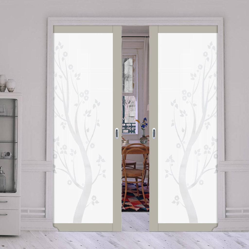 Eco-Urban Artisan® Double Evokit Pocket Door - Blooming Tree 6mm Obscure Glass - Obscure Printed Design - Colour & Size Options