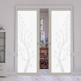 Image: Eco-Urban Artisan® Double Evokit Pocket Door - Blooming Tree 6mm Obscure Glass - Obscure Printed Design - Colour & Size Options