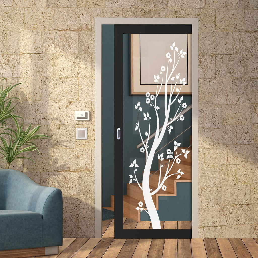 Eco-Urban Artisan Single Evokit Pocket Door - Blooming Tree 6mm Clear Glass - Obscure Printed Design - Colour & Size Options