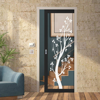 Image: Eco-Urban Artisan® Single Evokit Pocket Door - Blooming Tree 6mm Clear Glass - Obscure Printed Design - Colour & Size Options