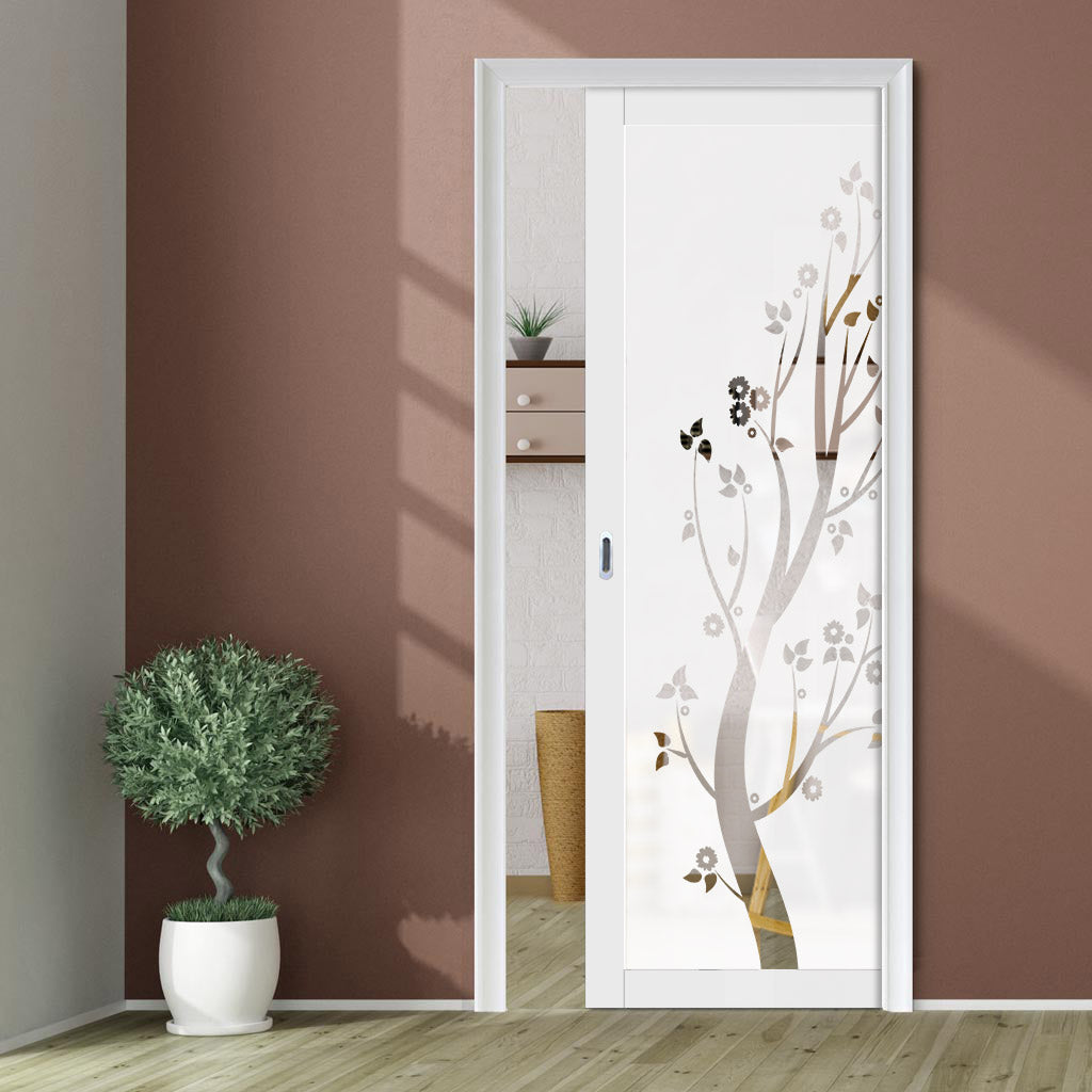 Eco-Urban Artisan Single Evokit Pocket Door - Blooming Tree 6mm Obscure Glass - Clear Printed Design - Colour & Size Options