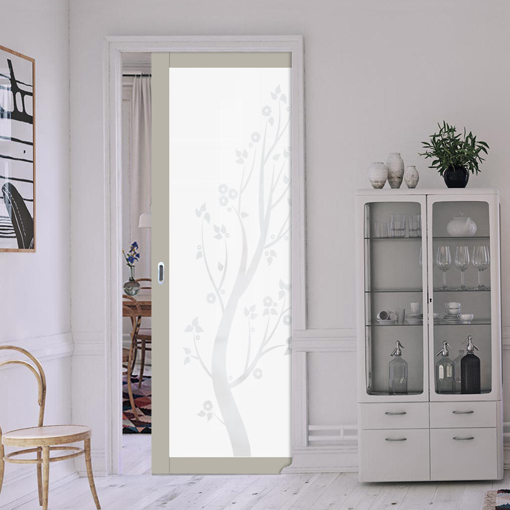 Eco-Urban Artisan® Single Evokit Pocket Door - Blooming Tree 6mm Obscure Glass - Obscure Printed Design - Colour & Size Options