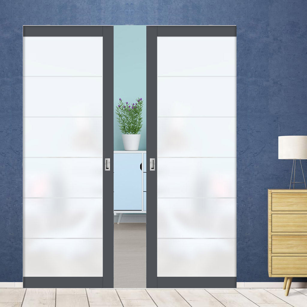 Eco-Urban Artisan® Double Absolute Evokit Pocket Door - Drem 6mm Obscure Glass - Obscure Printed Design - Colour & Size Options