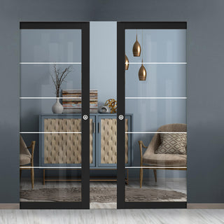 Image: Eco-Urban Artisan® Double Absolute Evokit Pocket Door - Gullane 6mm Clear Glass - Obscure Printed Design - Colour & Size Options
