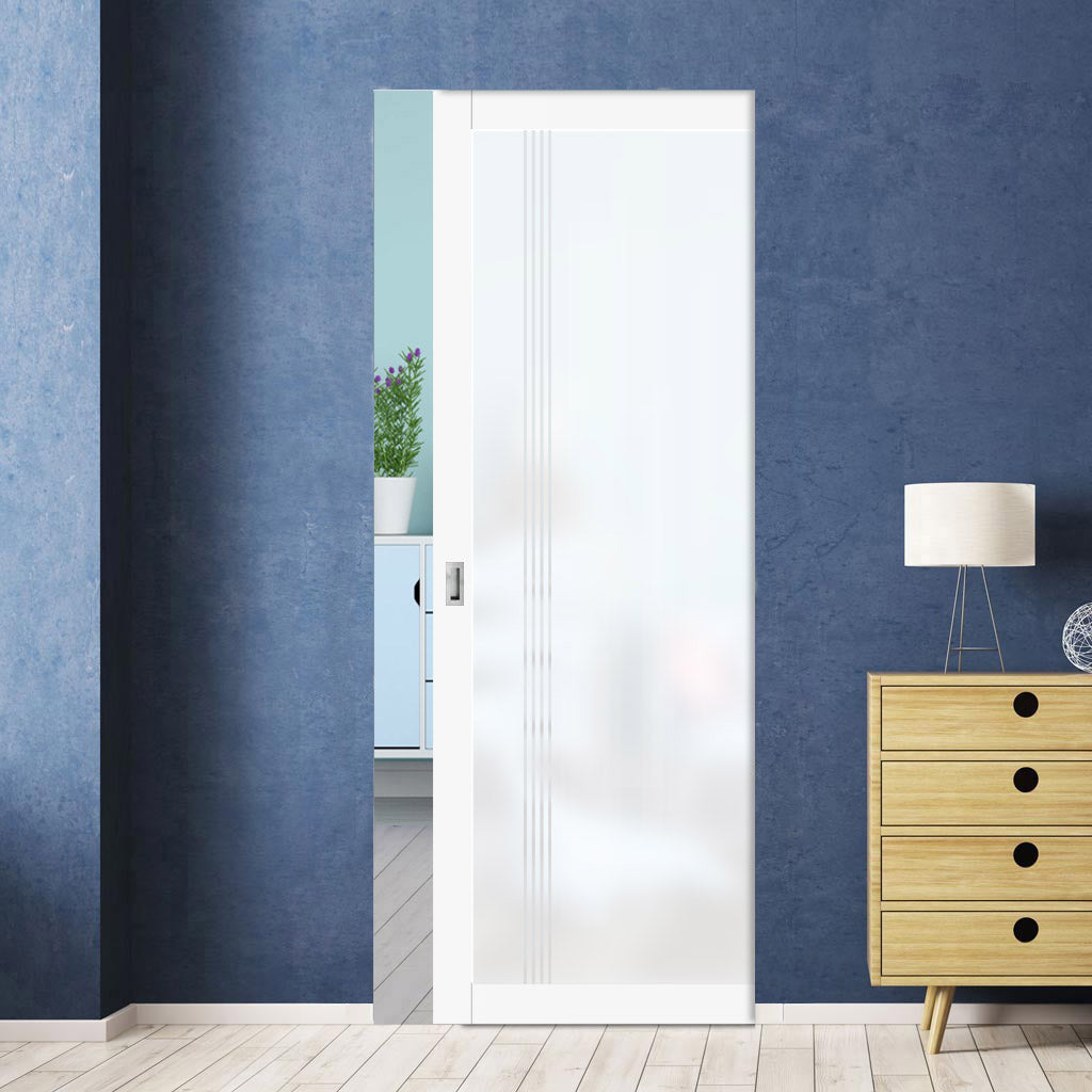 Eco-Urban Artisan® Single Absolute Evokit Pocket Door - Juniper 6mm Obscure Glass - Obscure Printed Design - Colour & Size Options