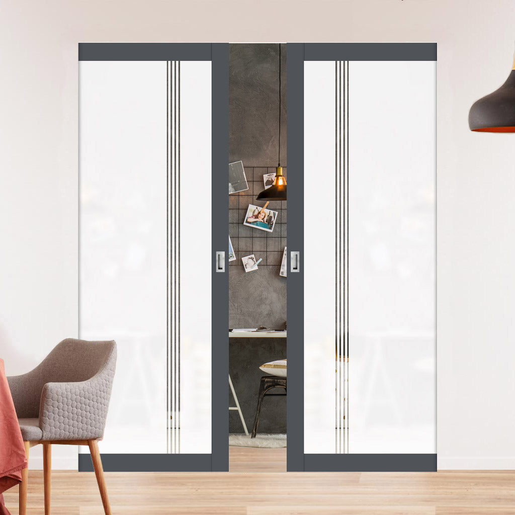 Eco-Urban Artisan® Double Absolute Evokit Pocket Door - Juniper 6mm Obscure Glass - Clear Printed Design - Colour & Size Options