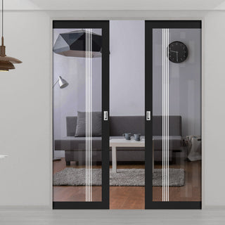 Image: Eco-Urban Artisan® Double Evokit Pocket Door - Juniper 6mm Clear Glass - Obscure Printed Design - Colour & Size Options