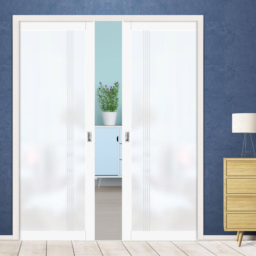 Eco-Urban Artisan® Double Evokit Pocket Door - Juniper 6mm Obscure Glass - Obscure Printed Design - Colour & Size Options