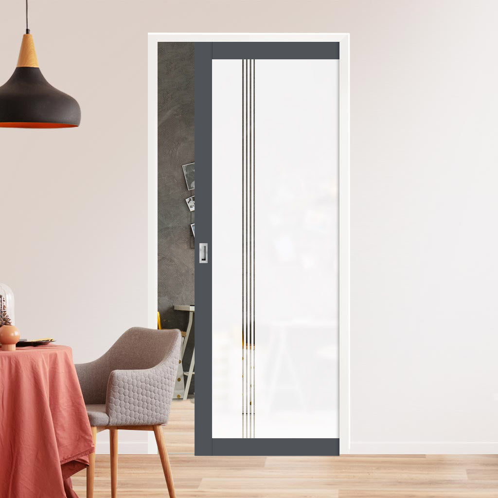 Eco-Urban Artisan® Single Evokit Pocket Door - Juniper 6mm Obscure Glass - Clear Printed Design - Colour & Size Options