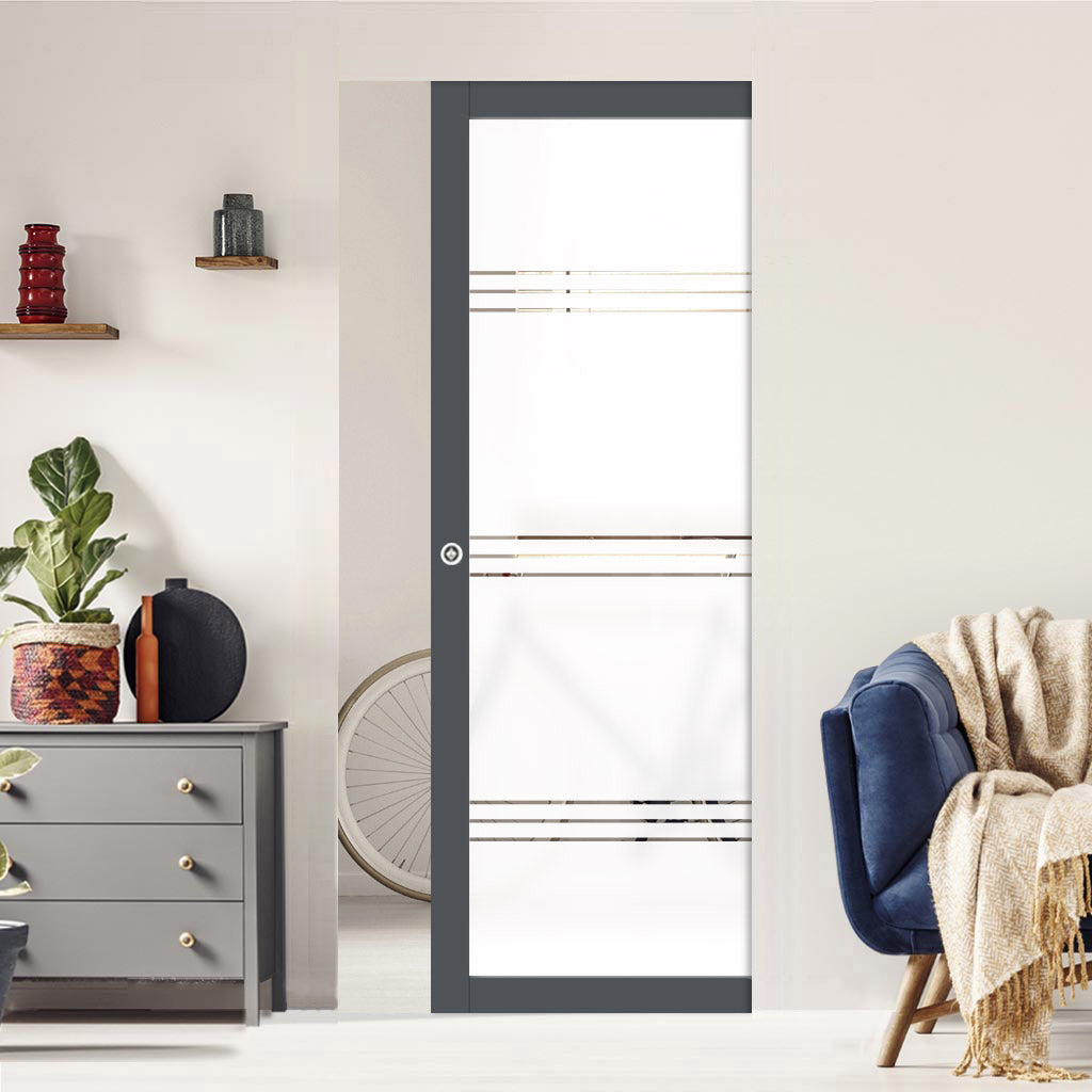 Eco-Urban Artisan® Single Absolute Evokit Pocket Door - Lauder 6mm Obscure Glass - Clear Printed Design - Colour & Size Options