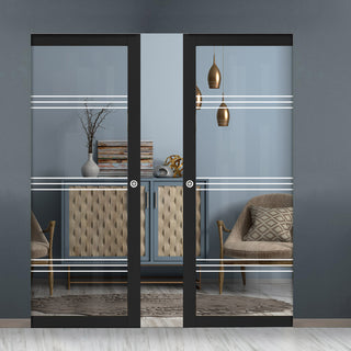 Image: Eco-Urban Artisan® Double Absolute Evokit Pocket Door - Lauder 6mm Clear Glass - Obscure Printed Design - Colour & Size Options