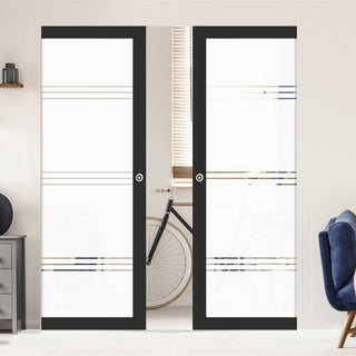 Image: Eco-Urban Artisan® Double Absolute Evokit Pocket Door - Lauder 6mm Obscure Glass - Clear Printed Design - Colour & Size Options