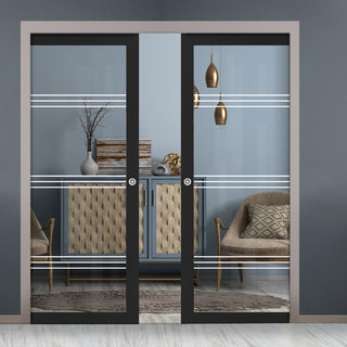 Image: Eco-Urban Artisan® Double Evokit Pocket Door - Lauder 6mm Clear Glass - Obscure Printed Design - Colour & Size Options