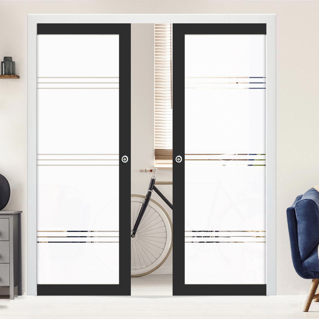 Eco-Urban Artisan Double Evokit Pocket Door - Lauder 6mm Obscure Glass - Clear Printed Design - Colour & Size Options