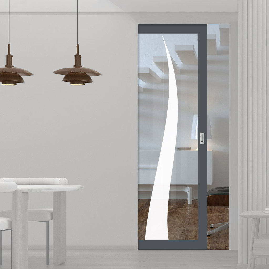 Eco-Urban Artisan Single Absolute Evokit Pocket Door - Roslin 6mm Clear Glass - Obscure Printed Design - Colour & Size Options