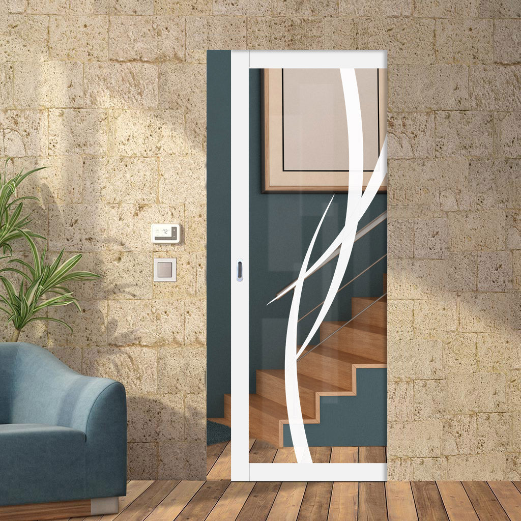Eco-Urban Artisan® Single Absolute Evokit Pocket Door - Stenton 6mm Clear Glass - Obscure Printed Design - Colour & Size Options