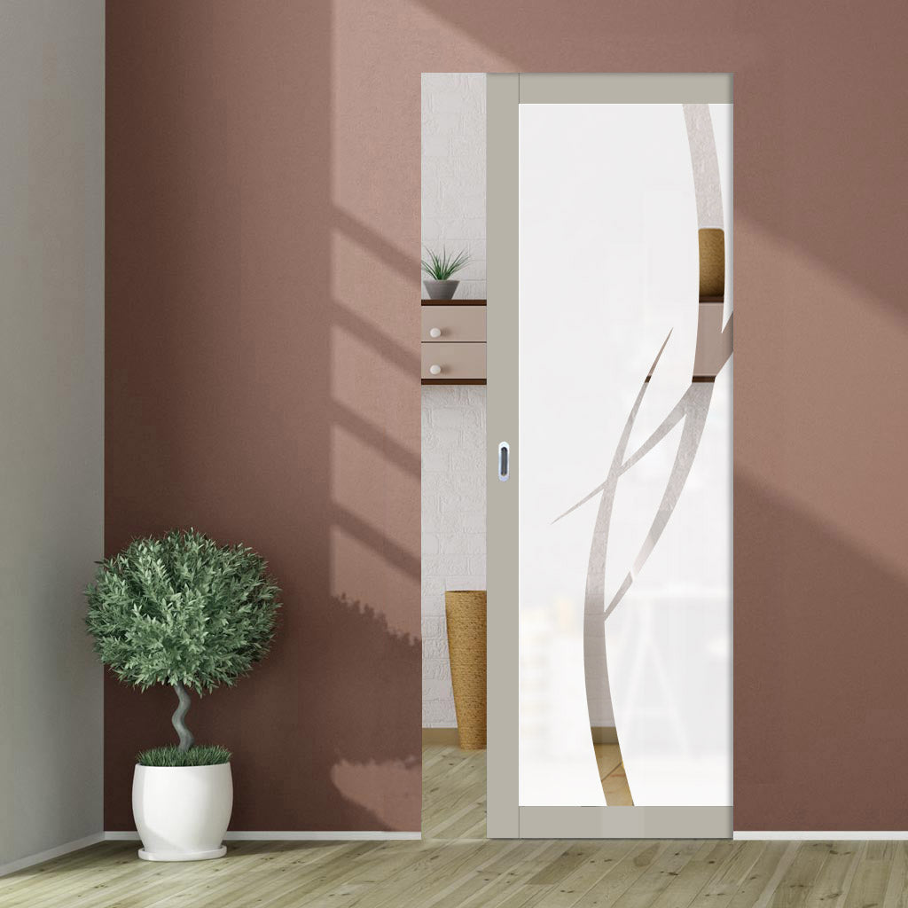 Eco-Urban Artisan Single Absolute Evokit Pocket Door - Stenton 6mm Obscure Glass - Clear Printed Design - Colour & Size Options
