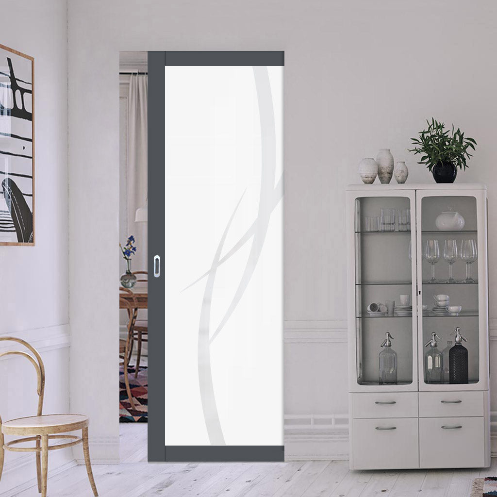 Eco-Urban Artisan® Single Absolute Evokit Pocket Door - Stenton 6mm Obscure Glass - Obscure Printed Design - Colour & Size Options
