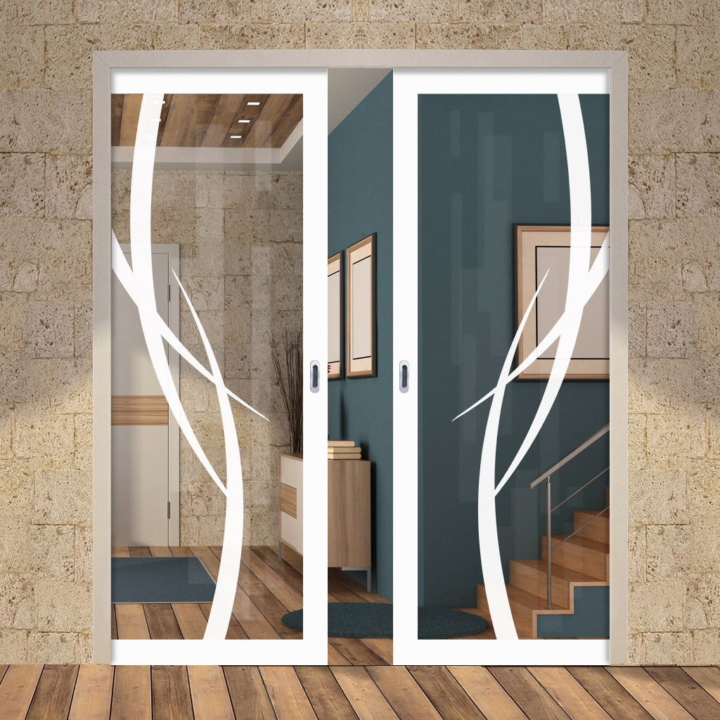 Eco-Urban Artisan® Double Evokit Pocket Door - Stenton 6mm Clear Glass - Obscure Printed Design - Colour & Size Options