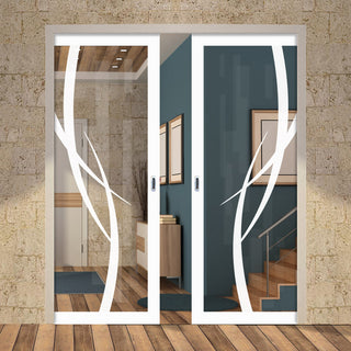 Image: Eco-Urban Artisan® Double Evokit Pocket Door - Stenton 6mm Clear Glass - Obscure Printed Design - Colour & Size Options