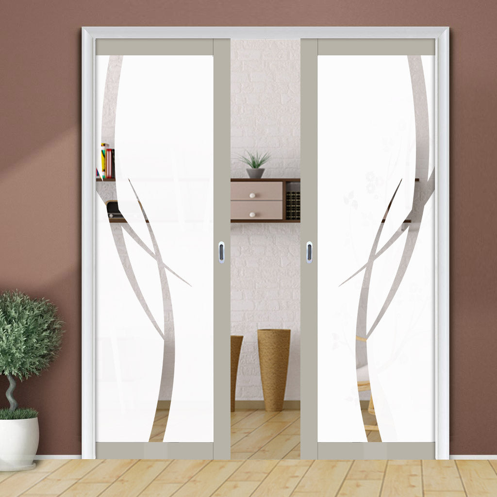 Eco-Urban Artisan® Double Evokit Pocket Door - Stenton 6mm Obscure Glass - Clear Printed Design - Colour & Size Options