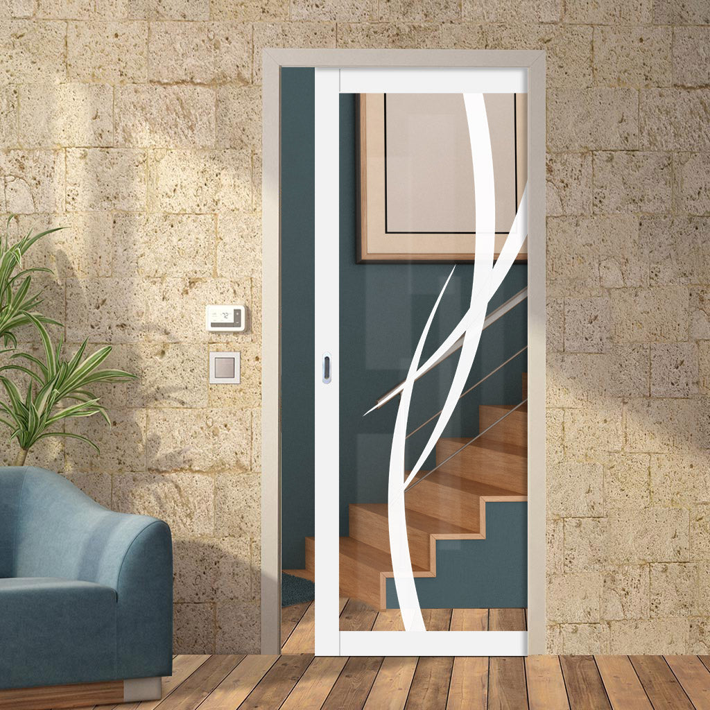 Eco-Urban Artisan® Single Evokit Pocket Door - Stenton 6mm Clear Glass - Obscure Printed Design - Colour & Size Options