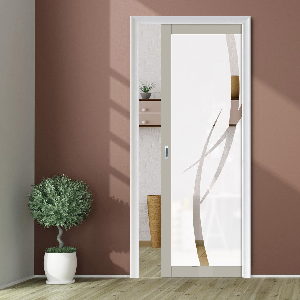 Eco-Urban Artisan® Single Evokit Pocket Door - Stenton 6mm Obscure Glass - Clear Printed Design - Colour & Size Options