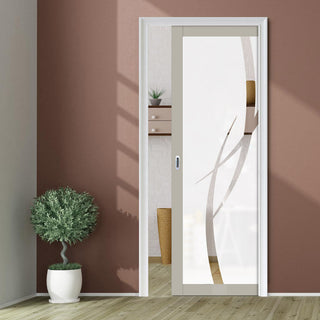 Image: Eco-Urban Artisan® Single Evokit Pocket Door - Stenton 6mm Obscure Glass - Clear Printed Design - Colour & Size Options