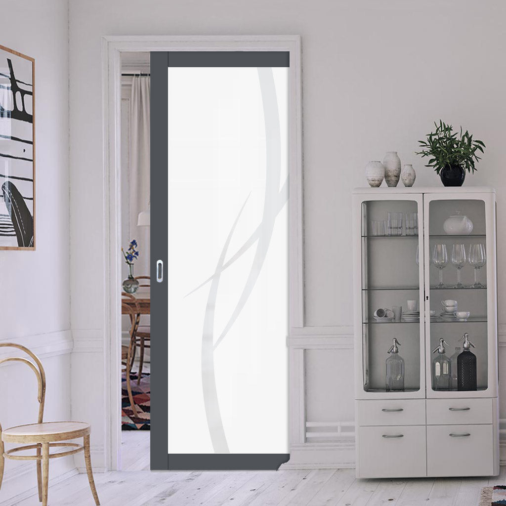 Eco-Urban Artisan Single Evokit Pocket Door - Stenton 6mm Obscure Glass - Obscure Printed Design - Colour & Size Options