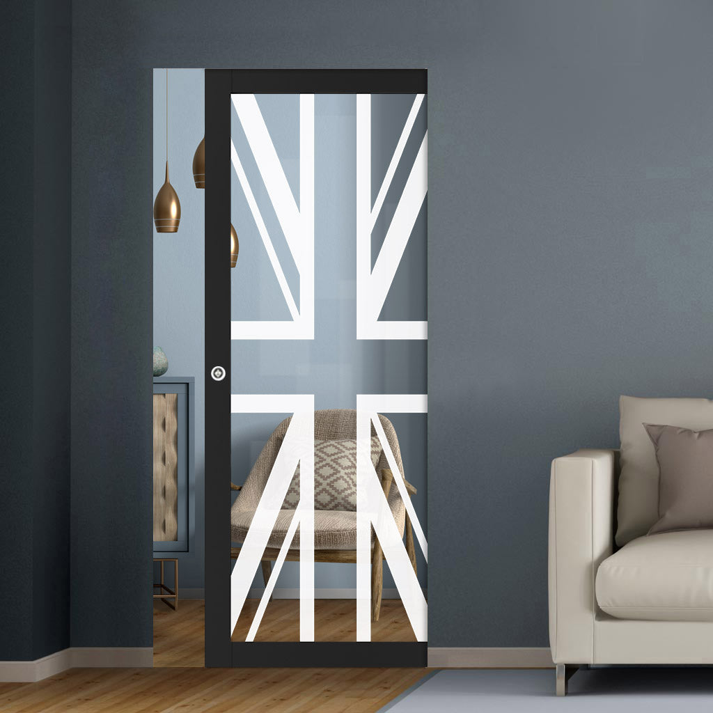 Eco-Urban Artisan® Single Absolute Evokit Pocket Door - Union Jack Flag 6mm Clear Glass - Obscure Printed Design - Colour & Size Options