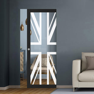 Image: Eco-Urban Artisan® Single Absolute Evokit Pocket Door - Union Jack Flag 6mm Clear Glass - Obscure Printed Design - Colour & Size Options