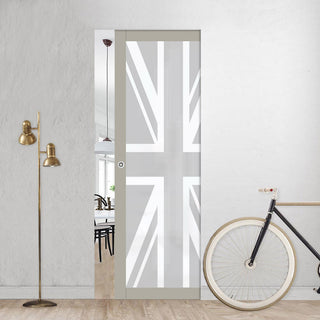 Image: Eco-Urban Artisan® Single Absolute Evokit Pocket Door - Union Jack Flag 6mm Obscure Glass - Obscure Printed Design - Colour & Size Options