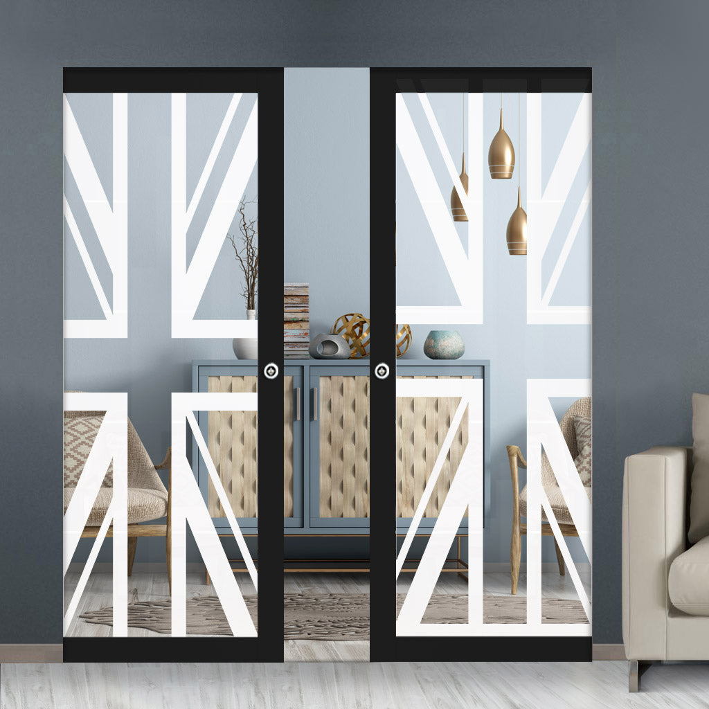 Eco-Urban Artisan® Double Absolute Evokit Pocket Door - Union Jack Flag 6mm Clear Glass - Obscure Printed Design - Colour & Size Options