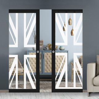 Image: Eco-Urban Artisan® Double Absolute Evokit Pocket Door - Union Jack Flag 6mm Clear Glass - Obscure Printed Design - Colour & Size Options
