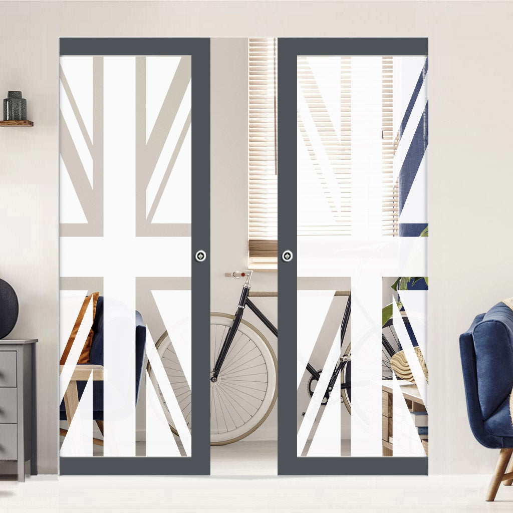 Eco-Urban Artisan® Double Absolute Evokit Pocket Door - Union Jack Flag 6mm Obscure Glass - Clear Printed Design - Colour & Size Options