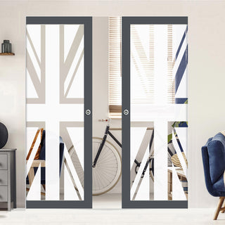 Image: Eco-Urban Artisan® Double Absolute Evokit Pocket Door - Union Jack Flag 6mm Obscure Glass - Clear Printed Design - Colour & Size Options