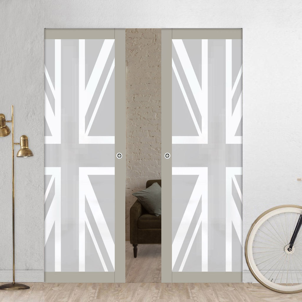 Eco-Urban Artisan® Double Absolute Evokit Pocket Door - Union Jack Flag 6mm Obscure Glass - Obscure Printed Design - Colour & Size Options