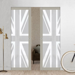Image: Eco-Urban Artisan® Double Absolute Evokit Pocket Door - Union Jack Flag 6mm Obscure Glass - Obscure Printed Design - Colour & Size Options