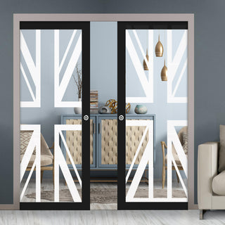 Image: Eco-Urban Artisan® Double Evokit Pocket Door - Union Jack Flag 6mm Clear Glass - Obscure Printed Design - Colour & Size Options